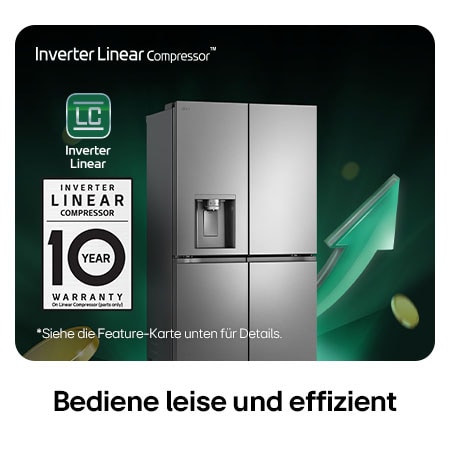 LG Multi-Door Kühlschrank GML960PYFE in silberner Optik, beworben mit dem Inverter Linear Compressor™ und einer 10-jährigen Garantie für leisen Betrieb und hohe Energieeffizienz.