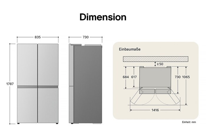 LG Multi-Door Kühlschrank GMG761MBAE zeigt die genauen Einbaumaße und Produktabmessungen, darunter eine Höhe von 1787 mm, Breite von 835 mm und Tiefe von 730 mm.