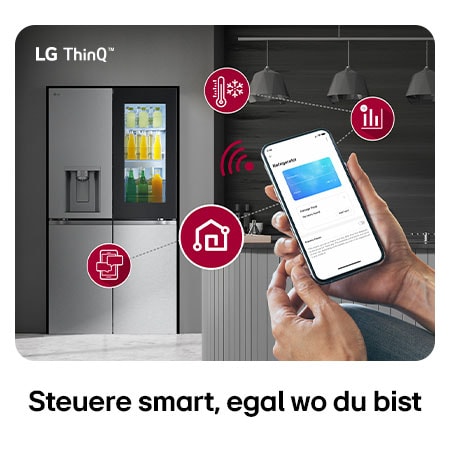 LG Multi-Door Kühlschrank GMG761MBAE in Edelstahl-Optik, mit dem LG ThinQ™ System, wobei die Einstellungen über eine Smartphone-App ferngesteuert werden.