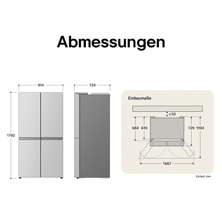 LG Multi-Door Kühlschrank GMG960MBJE zeigt die genauen Einbaumaße und Produktabmessungen, darunter eine Höhe von 1792 mm, Breite von 914 mm und Tiefe von 729 mm.