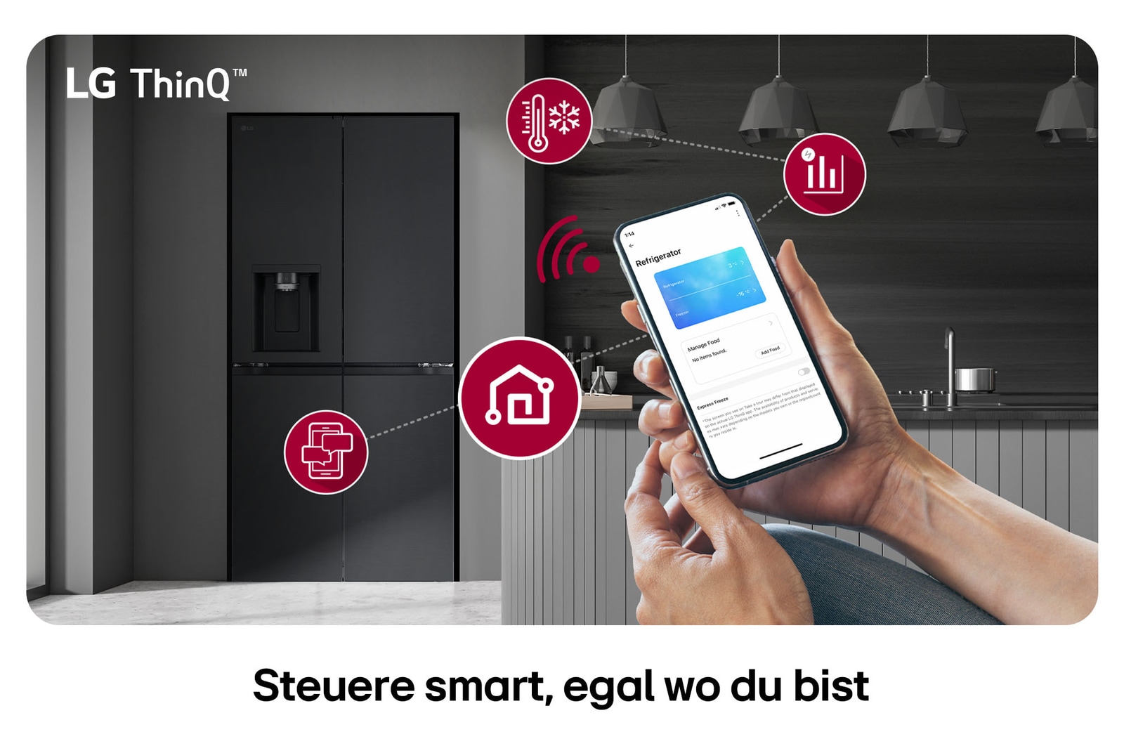 LG Multi-Door Kühlschrank GML861EPPE und eine Hand, die die Temperaturkontrolle über die LG ThinQ™ App auf einem Smartphone verwaltet.