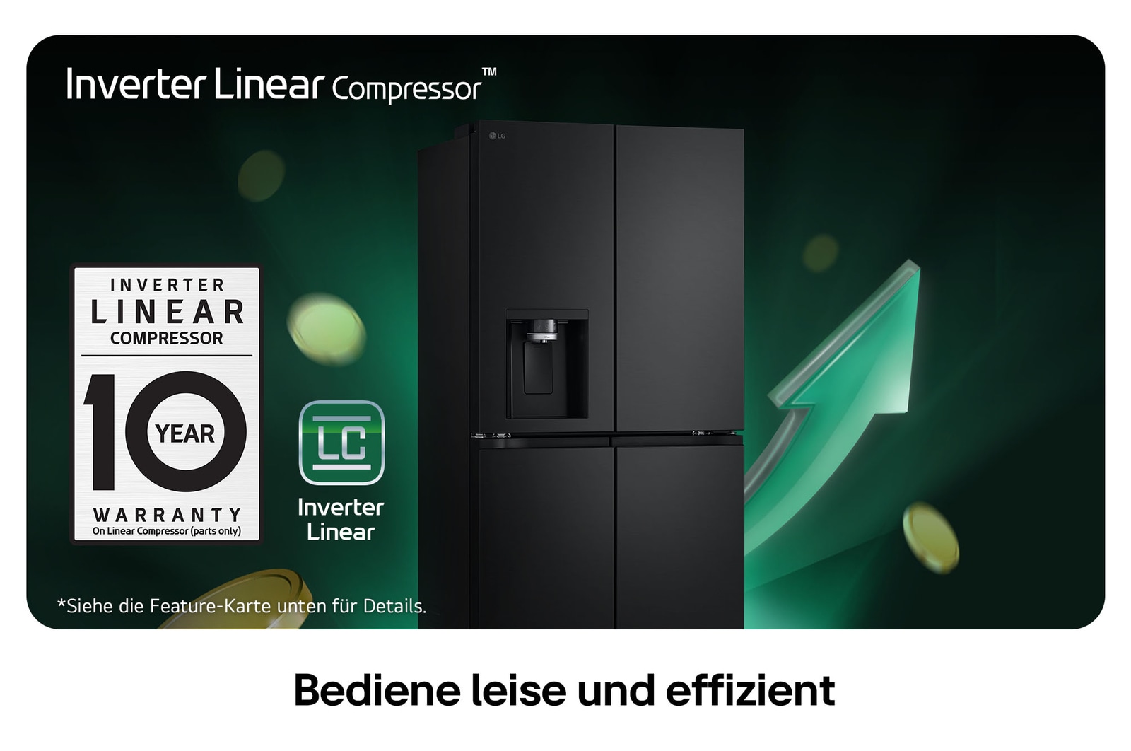 LG Multi-Door Kühlschrank GML861EPPE in mattem Schwarz, beworben mit dem Inverter Linear Compressor™ und einer 10-jährigen Garantie für leisen Betrieb und hohe Energieeffizienz.