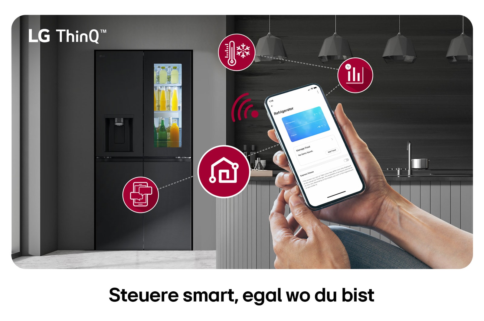 LG Multi-Door Kühlschrank GMG861EPAE und eine Hand, die die Temperaturkontrolle über die LG ThinQ™ App auf einem Smartphone verwaltet.