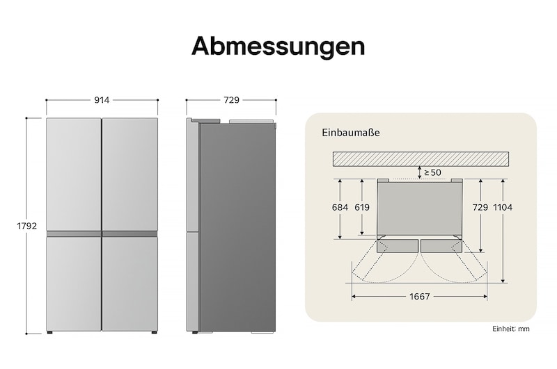 LG Multi-Door Kühlschrank GMG960EVEE zeigt die genauen Einbaumaße und Produktabmessungen, darunter eine Höhe von 1792 mm, Breite von 914 mm und Tiefe von 729 mm.