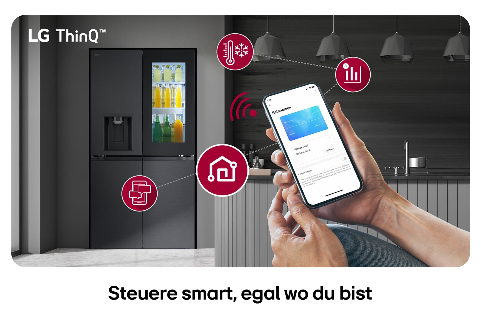 LG Multi-Door Kühlschrank GMG960EVEE in mattem Schwarz, mit dem LG ThinQ™ System, wobei die Temperatureinstellungen über eine Smartphone-App ferngesteuert werden.