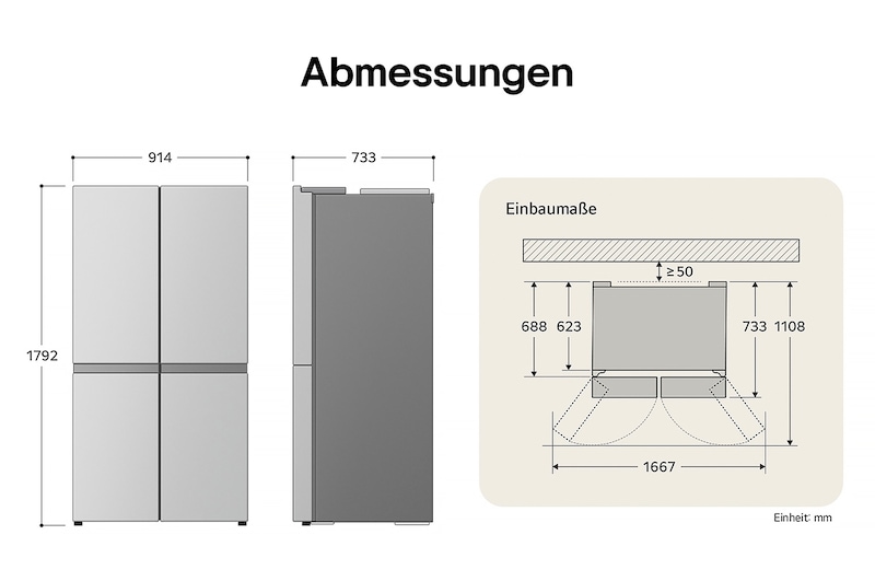 LG Multi-Door Kühlschrank GMG961NPKE zeigt die genauen Einbaumaße und Produktabmessungen, darunter eine Höhe von 1792 mm, Breite von 914 mm und Tiefe von 733 mm.