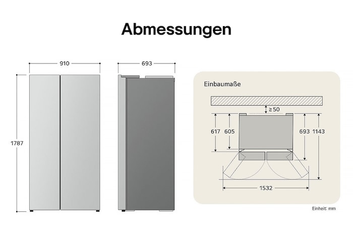 LG Side-by-Side Kühlschrank GSM32HSBEH zeigt die genauen Einbaumaße und Produktabmessungen, darunter eine Höhe von 1787 mm, Breite von 910 mm und Tiefe von 693 mm.