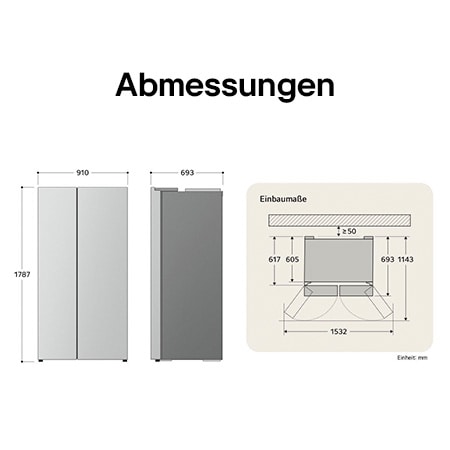 LG Side-by-Side Kühlschrank GSM32HSBEH zeigt die genauen Einbaumaße und Produktabmessungen, darunter eine Höhe von 1787 mm, Breite von 910 mm und Tiefe von 693 mm.