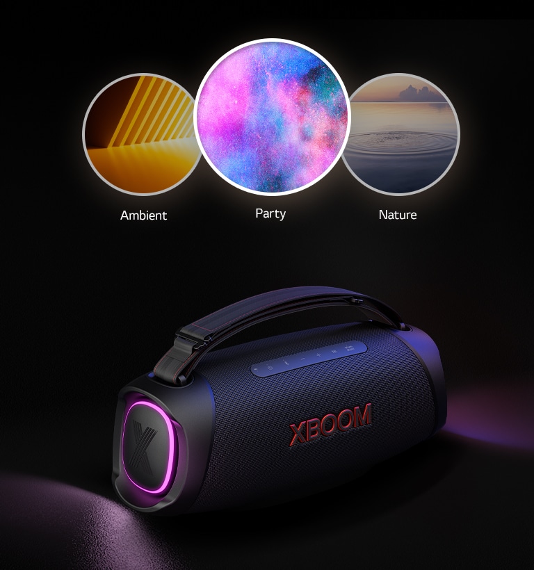 Der LG XBOOM Go DXG8T mit lila Beleuchtung steht auf dem Boden. Oben auf dem Lautsprecher sind drei Lichtstudio-Modi zu sehen: Ambient, Nature und Party.