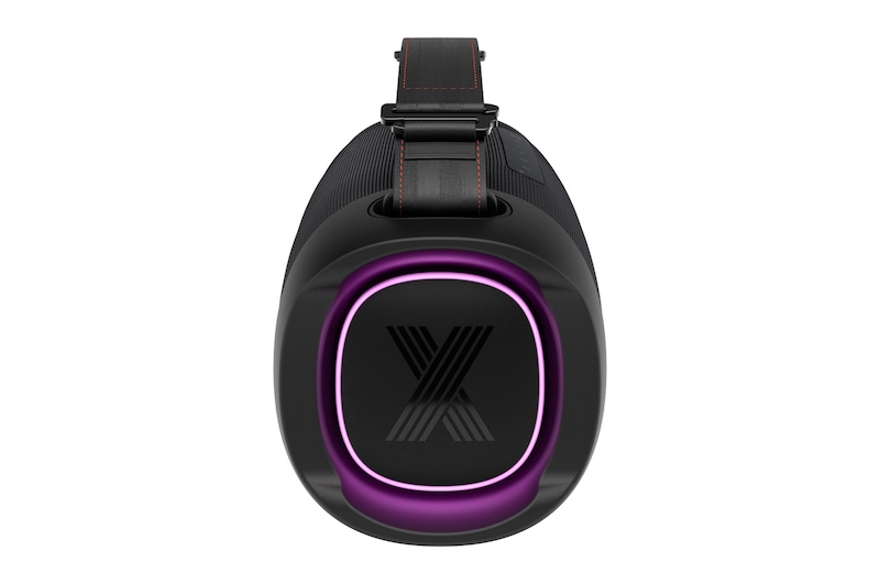Vorderansicht des Woofers mit eingeschaltetem violetten Licht.