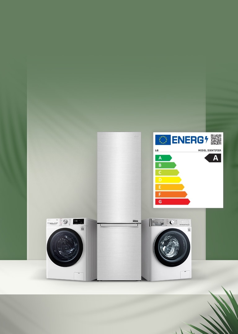 Auf weißem Boden und vor grünem Hintergrund sind eine Waschmaschine und eine Kühl-/Gefrierkombination, eine Energiekennzeichung und rundherum Blätter platziert