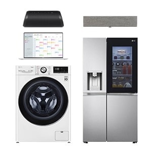 Dieses Bild macht Werbung für eine Waschmaschine, einen Styler, eine Kühlschrank und Spülmaschinen.