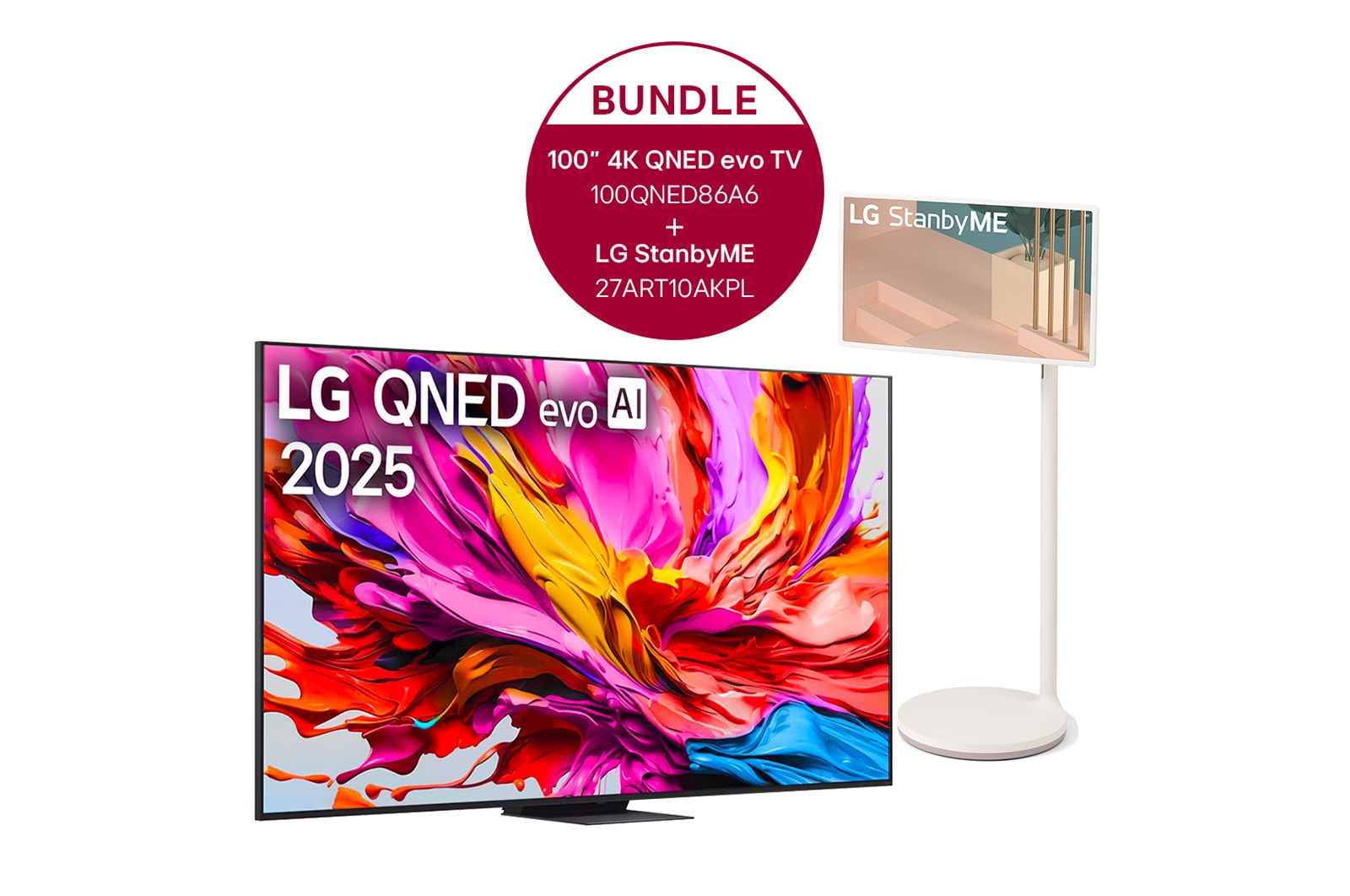 Vorderseite von 100 Zoll LG 4K QNED evo AI TV &#43; LG StanbyME 100QNED86A6.27ART10