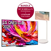 Vorderseite von 100 Zoll LG 4K QNED evo AI TV &#43; LG StanbyME 100QNED86A6.27ART10