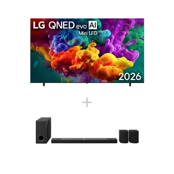Vorderseite von 100″ LG QNED evo AI QNED87 Mini LED 4K Smart TV 2026 + 9.1.5-Kanal LG Home Theater Soundbar DS95AR mit Surround-Sound und Rücklautsprechern 100QNED87B6.DS95001
