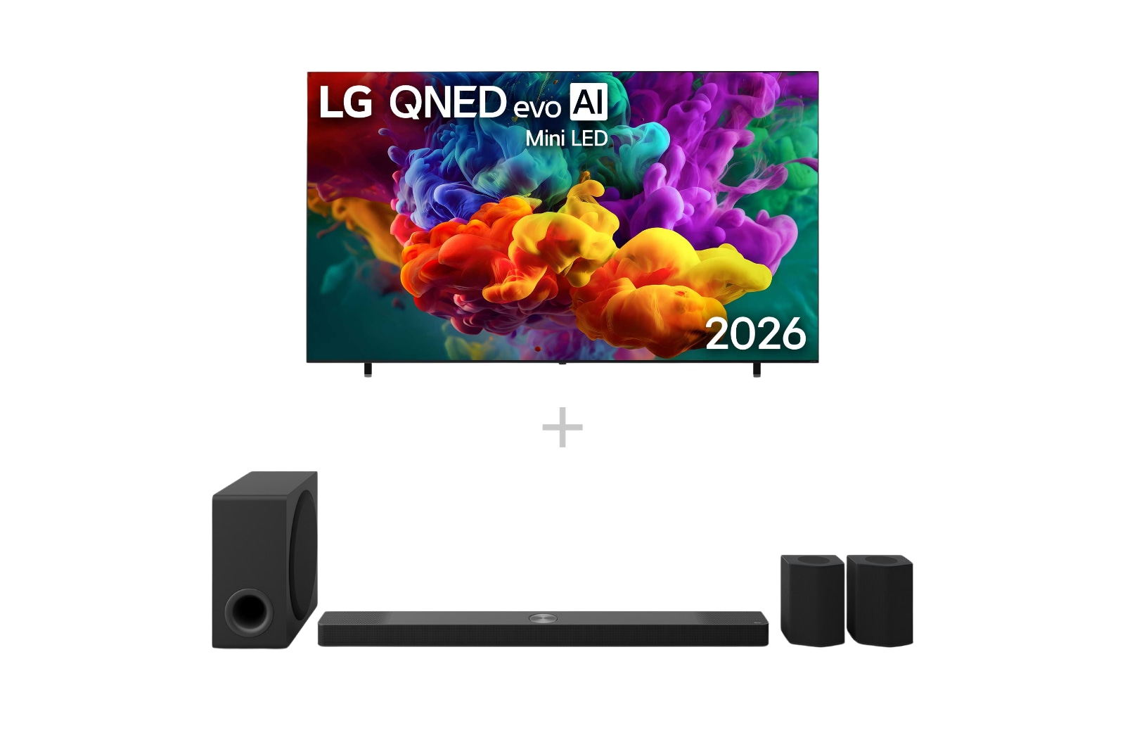 Vorderseite von 100″ LG QNED evo AI QNED87 Mini LED 4K Smart TV 2026 + 9.1.5-Kanal LG Home Theater Soundbar DS95AR mit Surround-Sound und Rücklautsprechern 100QNED87B6.DS95001