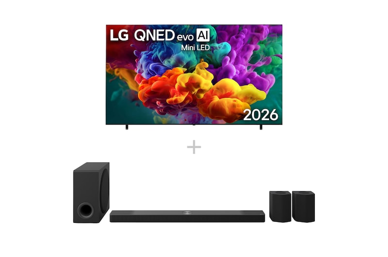 Vorderseite von 100″ LG QNED evo AI QNED87 Mini LED 4K Smart TV 2026 + 9.1.5-Kanal LG Home Theater Soundbar DS95AR mit Surround-Sound und Rücklautsprechern 100QNED87B6.DS95001