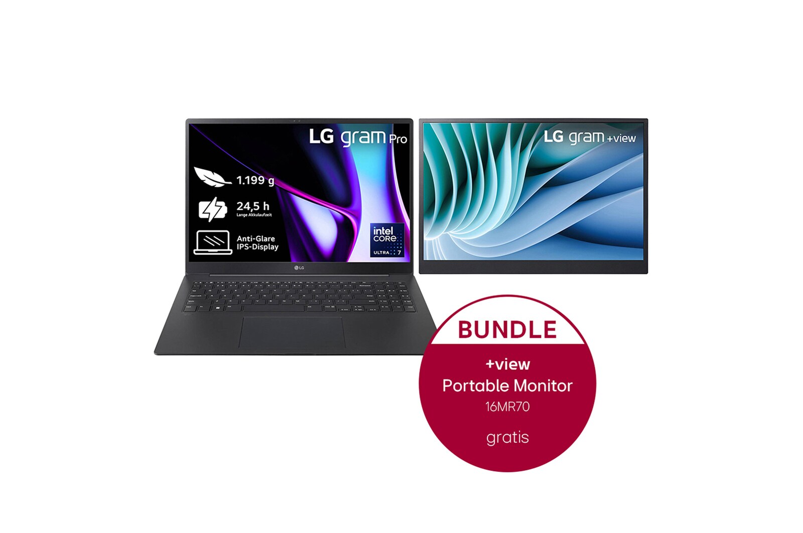 LG 16 Zoll Notebook mit Windows 11 Home | Intel® Core™ Ultra 7 Prozessor | 16 GB LPDDR5x RAM | 1 TB SSD | 77-WH-Akku | 16Z90SP-G.AA78G + 16 Zoll +view für LG gram Portable Monitor mit USB Typ-C™ und 45 W Power Delivery, 16Z90SP78G.16MR70