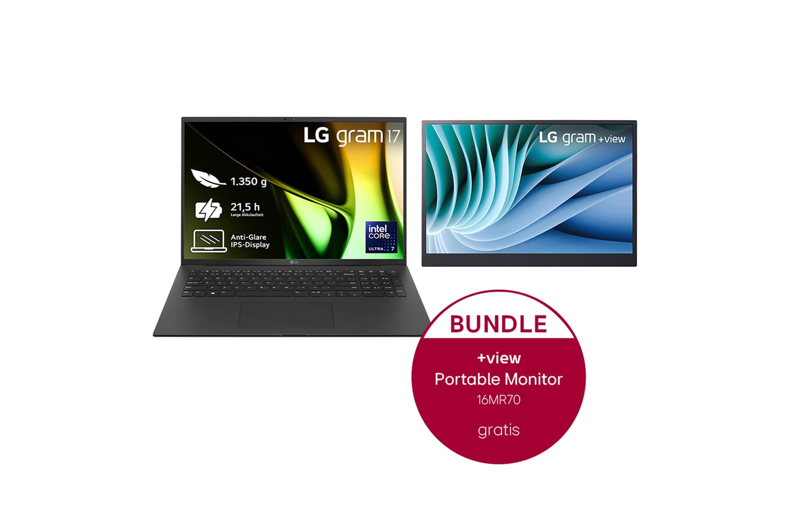LG 17 Zoll Notebook mit Windows 11 Home | Intel®​ Core™ Ultra7​ Prozessor | 16 LPDDR5X​ RAM | 1TB SSD | 17Z90S-G.AA78G + 16 Zoll +view für LG gram Portable Monitor mit USB Typ-C™ und 45 W Power Delivery, 17Z90SAA78G.16MR70