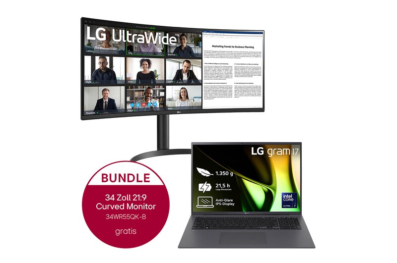 LG gram 17 Zoll Windows Notebook | Intel® Core™ Ultra 7, 32GB RAM, 2TB SSD, Windows 11, 16:10 IPS-Display + 34" Zoll Curved UltraWide QHD-Bildschirm mit USB-Typ C™, 17Z90SAD7CG.34WR55K