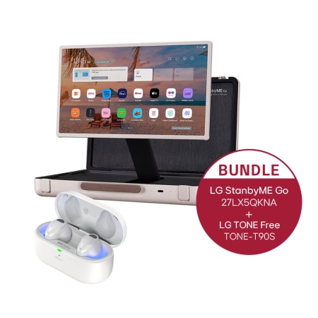 Vorderseite von LG StanbyME Go &#43; LG TONE Free T90S | Dolby Atmos 27LX5QKNA.T90SWH