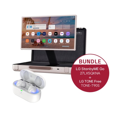 Vorderseite von LG StanbyME Go &#43; LG TONE Free T90S | Dolby Atmos 27LX5QKNA.T90SWH