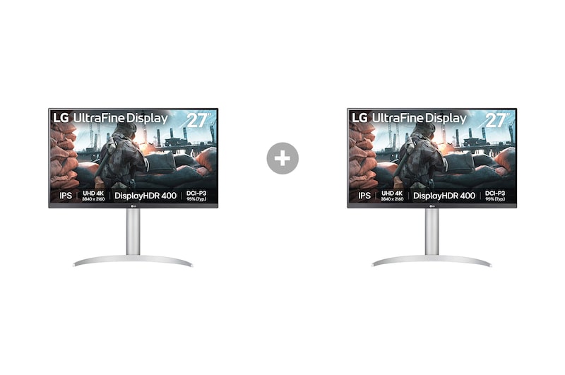 Vorderseite von 2x 27 Zoll UHD 4K IPS-Monitor mit VESA DisplayHDR™ 400 27UP650K-W.27UP001