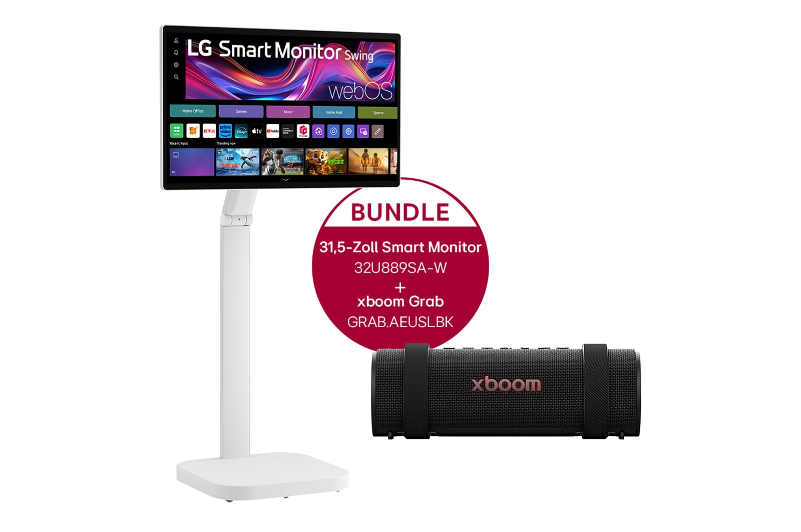 LG 31,5-Zoll 4K UHD IPS-Smart Monitor mit Touchscreen und Standfuß mit Rollen + LG xboom Grab by will.i.am | Bluetooth-Lautsprecher, 32U889SA.GRAB