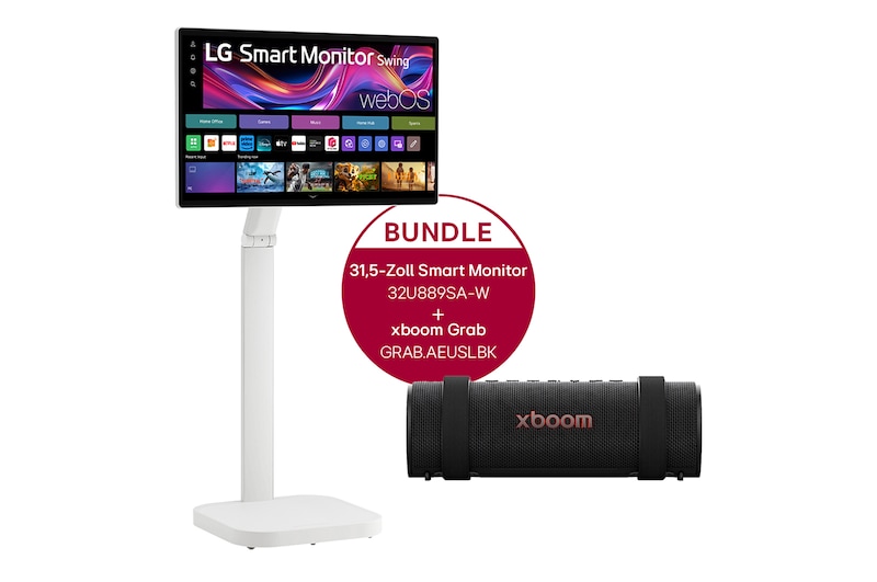 LG 31,5-Zoll 4K UHD IPS-Smart Monitor mit Touchscreen und Standfuß mit Rollen + LG xboom Grab by will.i.am | Bluetooth-Lautsprecher, 32U889SA.GRAB