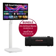 Vorderseite von 31,5-Zoll 4K UHD IPS-Smart Monitor mit Touchscreen und Standfuß mit Rollen &#43; LG xboom Grab by will.i.am | Bluetooth-Lautsprecher 32U889SA.GRAB