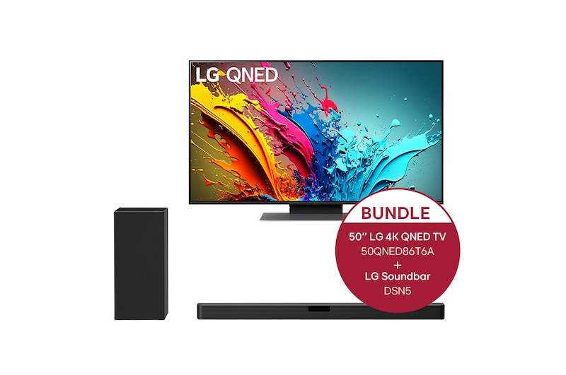 Vorderseite von 50 Zoll LG QNED86 4K Smart TV + 2.1 Soundbar mit 400 Watt 50QNED86T6A.DSN5