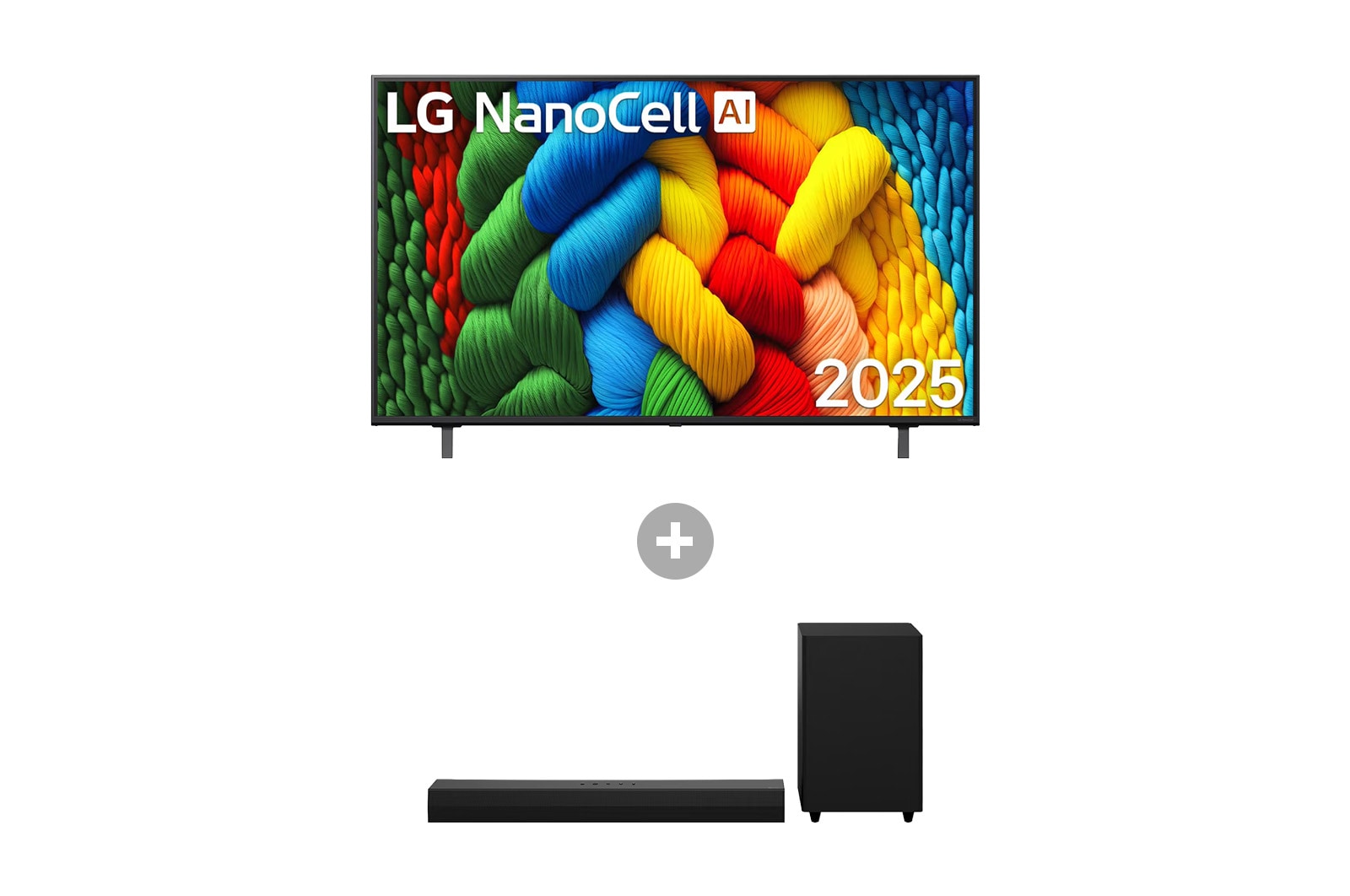 Vorderseite von 55 Zoll LG NanoCell AI NANO80 4K Smart TV + 2.1 Kanal LG TV Soundbar DS30A 55NANO80A6B.DS30001