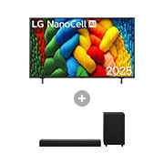 Vorderseite von 55 Zoll LG NanoCell AI NANO80 4K Smart TV + 2.1 Kanal LG TV Soundbar DS30A 55NANO80A6B.DS30001