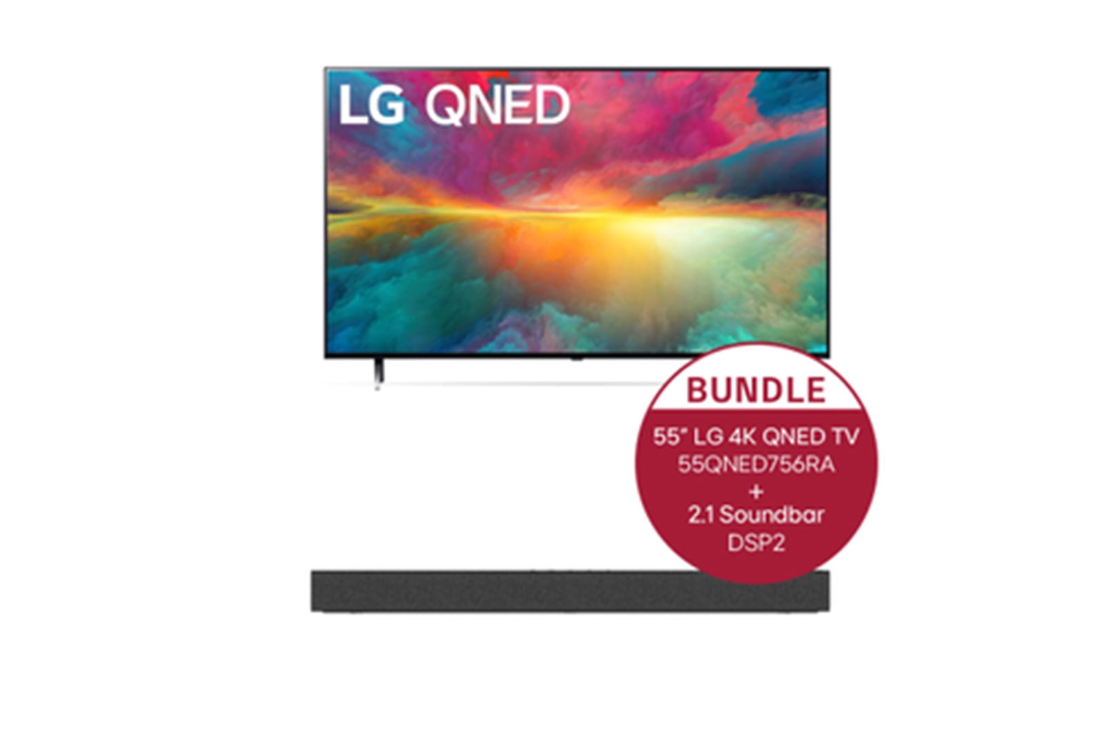 Vorderseite von 55" LG 4K QNED TV QNED75 + 2.1 Soundbar mit 100 Watt | integrierter Subwoofer 55QNED756RA.DSP2
