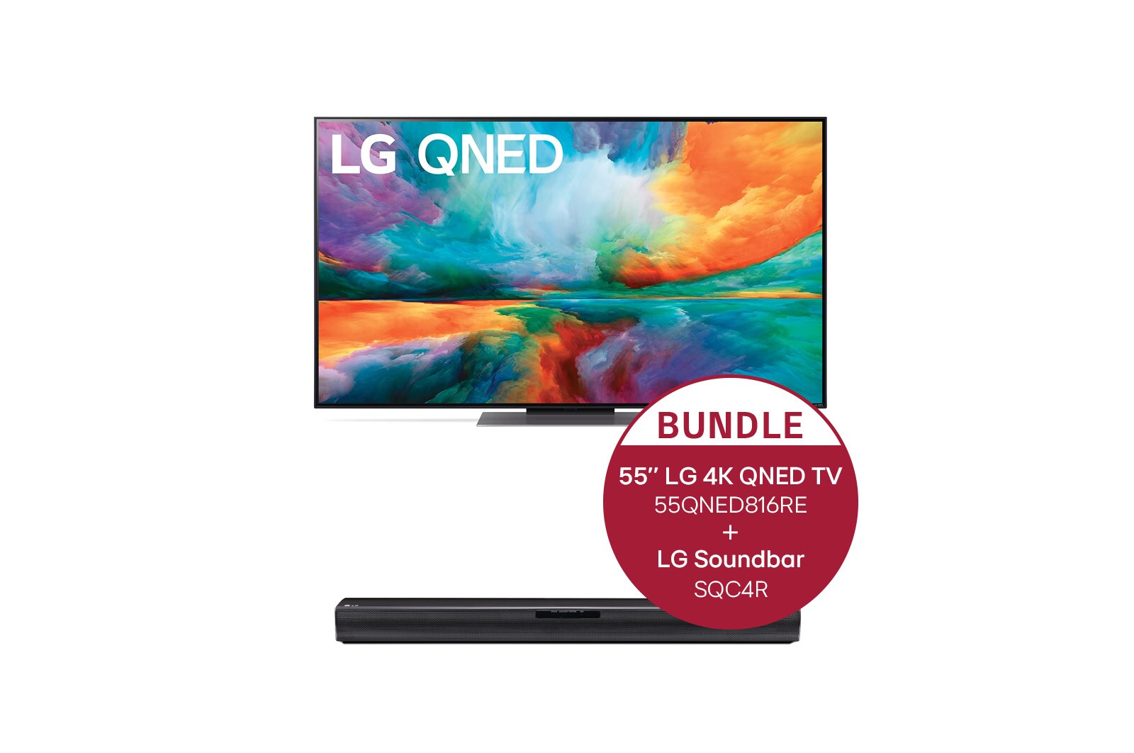 Vorderseite von 55 Zoll LG 4K QNED TV QNED81 & LG Soundbar SQC4R 55QNED816RE.SQC4R