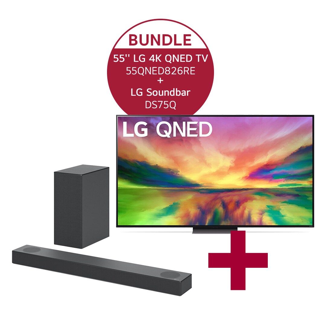 Vorderseite von 55'' LG 4K QNED TV 55QNED826RE & DS75Q 3.1.2 Dolby Atmos® Soundbar mit 380 Watt | kabelloser Subwoofer 55QNED826RE.DS75Q
