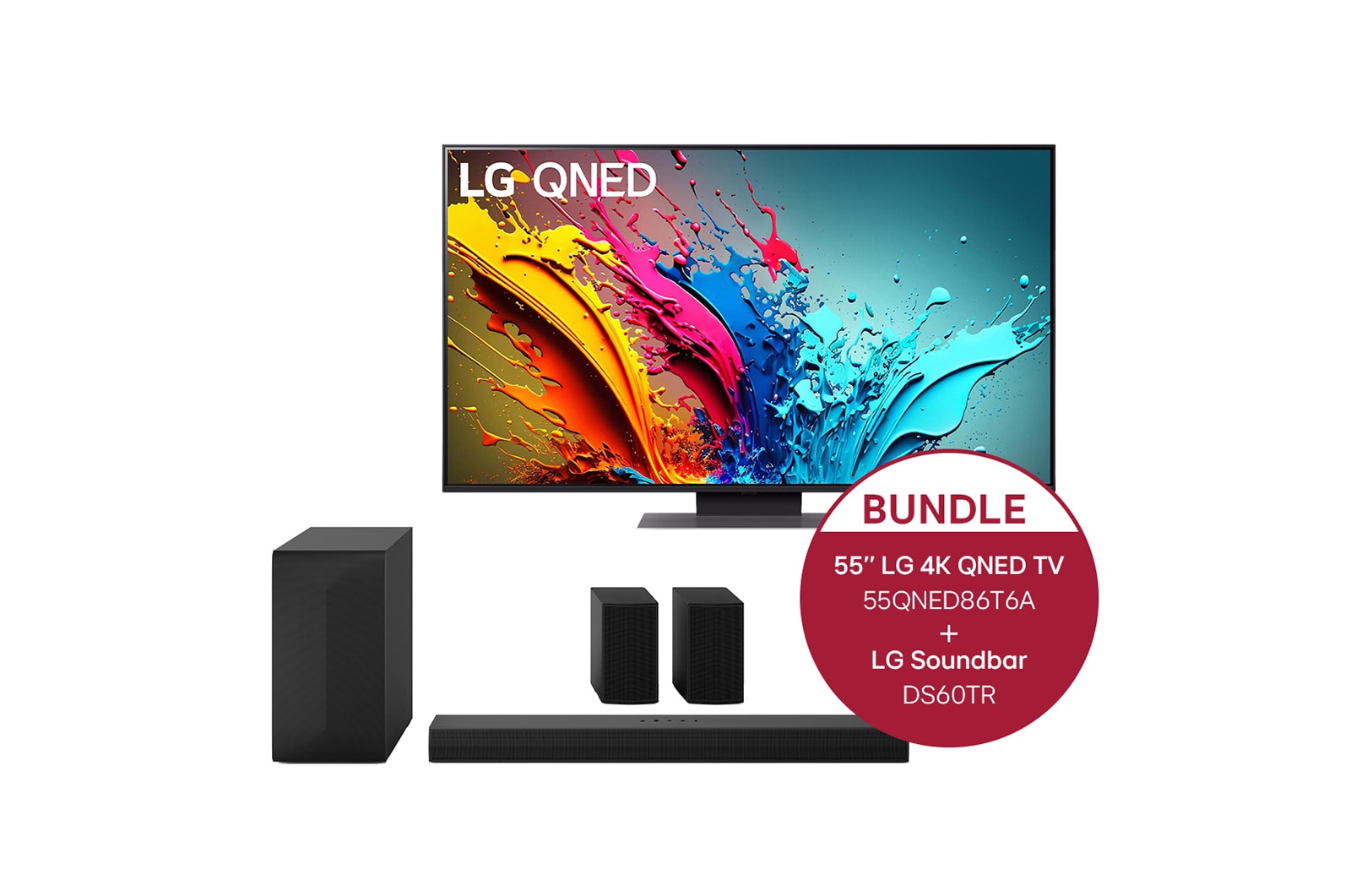 Vorderseite von 55 Zoll LG QNED86 4K Smart TV &#43; 5.1 Soundbar DS60TR mit 440 Watt  55QNED86T6A.DS60TR
