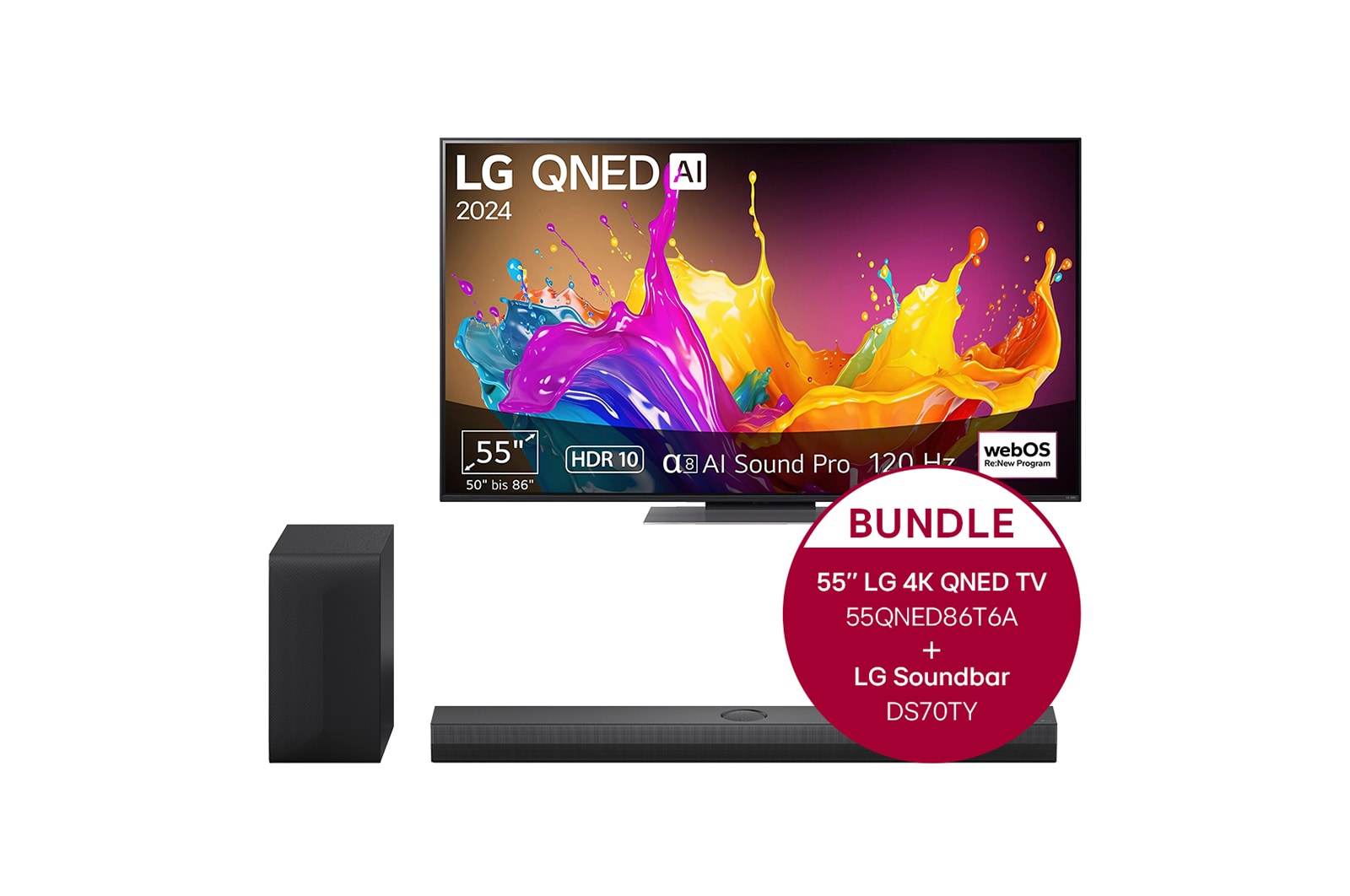 Vorderseite von 55 Zoll LG QNED86 4K Smart TV &#43; 3.1.1 Kanal LG TV Soundbar DS70TY mit Dolby Atmos  55QNED86T6A.DS70TY