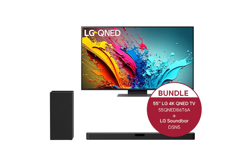 Vorderseite von 55 Zoll LG QNED86 4K Smart TV + 2.1 Soundbar mit 400 Watt 55QNED86T6A.DSN5