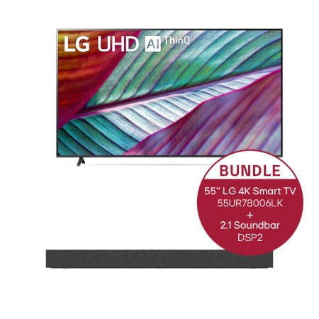 Vorderseite von 55'' LG 4K Smart UHD TV UR78 + 2.1 Soundbar mit 100 Watt | integrierter Subwoofer 55UR78006LK.DSP2