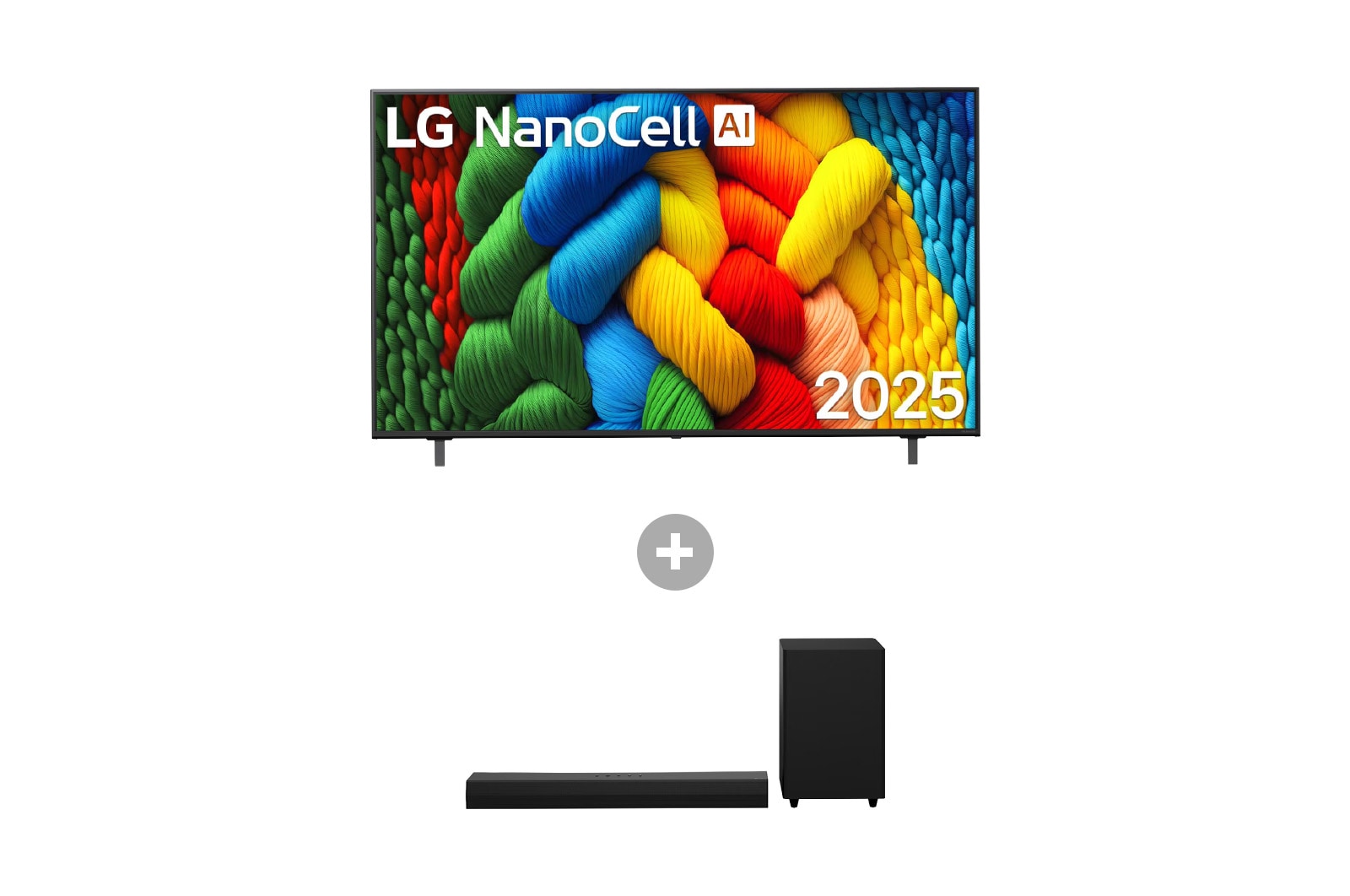 Vorderseite von 65 Zoll LG NanoCell AI NANO80 4K Smart TV + 2.1 Kanal LG TV Soundbar DS30A 65NANO80A6B.DS30001