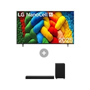Vorderseite von 65 Zoll LG NanoCell AI NANO80 4K Smart TV + 2.1 Kanal LG TV Soundbar DS30A 65NANO80A6B.DS30001