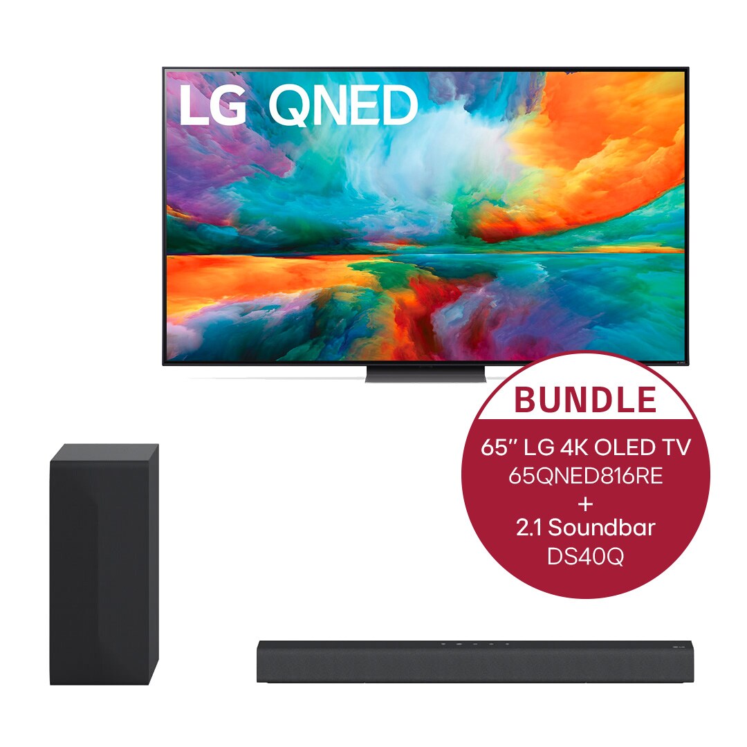Vorderseite von 65" LG 4K QNED TV QNED81 + 2.1 Soundbar mit 300 Watt | kabelloser Subwoofer 65QNED816RE.DS40Q
