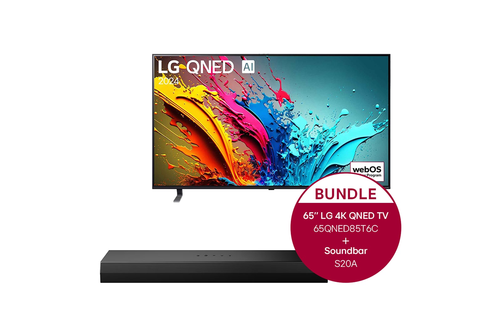 Vorderseite von 65 Zoll LG QNED85 4K Smart TV + 2.0 Kanal LG TV Soundbar S20A mit Dolby Digital und DTS Surround 65QNED85T6C.S20A
