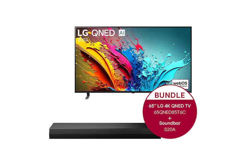 Vorderseite von 65 Zoll LG QNED85 4K Smart TV + 2.0 Kanal LG TV Soundbar S20A mit Dolby Digital und DTS Surround 65QNED85T6C.S20A