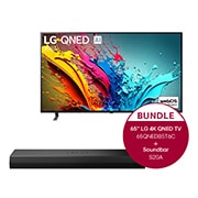 Vorderseite von 65 Zoll LG QNED85 4K Smart TV + 2.0 Kanal LG TV Soundbar S20A mit Dolby Digital und DTS Surround 65QNED85T6C.S20A