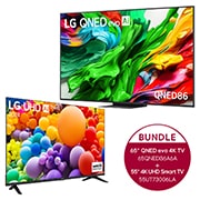 Vorderseite von 65-Zoll LG QNED evo AI QNED86 MiniLED 4K Smart TV &#43; 55 Zoll 4K LG UHD Smart TV UT73 65QNED86A6A.55UT73