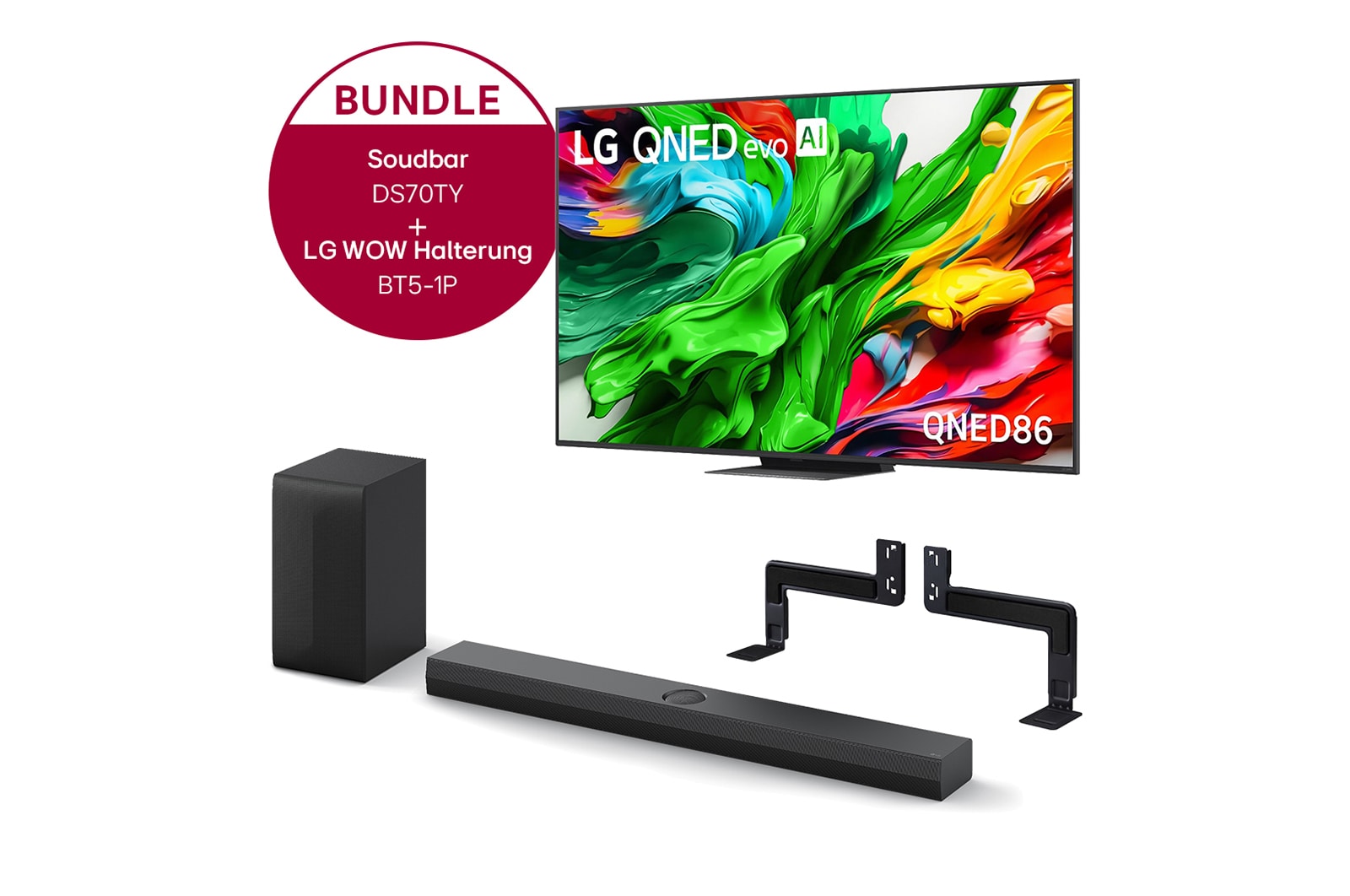 LG 65 Zoll LG QNED evo AI QNED86 MiniLED 4K Smart TV + 3.1.1 Kanal LG TV Soundbar DS70TY mit Dolby Atmos + WOW Bracket, 65QNED86A6A.DS70TY