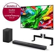 Vorderseite von 65 Zoll LG QNED evo AI QNED86 MiniLED 4K Smart TV &#43; 3.1.1 Kanal LG TV Soundbar DS70TY mit Dolby Atmos &#43; WOW Bracket 65QNED86A6A.DS70TY
