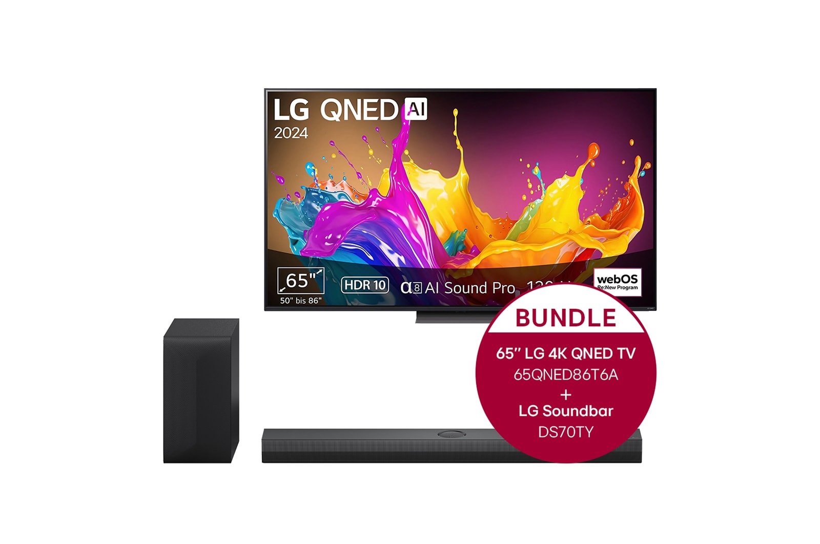Vorderseite von 65 Zoll LG QNED86 4K Smart TV &#43; 3.1.1 Kanal LG TV Soundbar DS70TY mit Dolby Atmos  65QNED86T6A.DS70TY